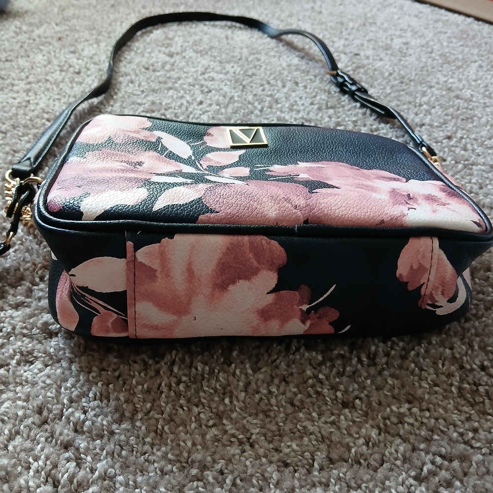 Victoria’s Secret Black & Pink Floral Crossbody Bag with Gold V Logo - Picture 6 of 10